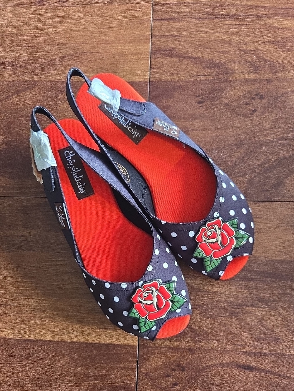 "Hot Chocoolate" Polka Dot Peep-Toe Slingback Platforms  in Black & Red Sz 8